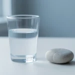 A clear glass of water next to a bathroom scale on a plain light surface, no text, no numbers, no real person's hands or face