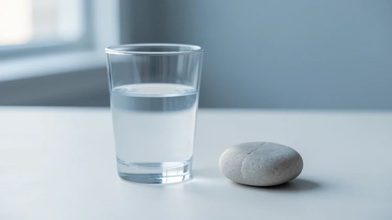 A clear glass of water next to a bathroom scale on a plain light surface, no text, no numbers, no real person's hands or face