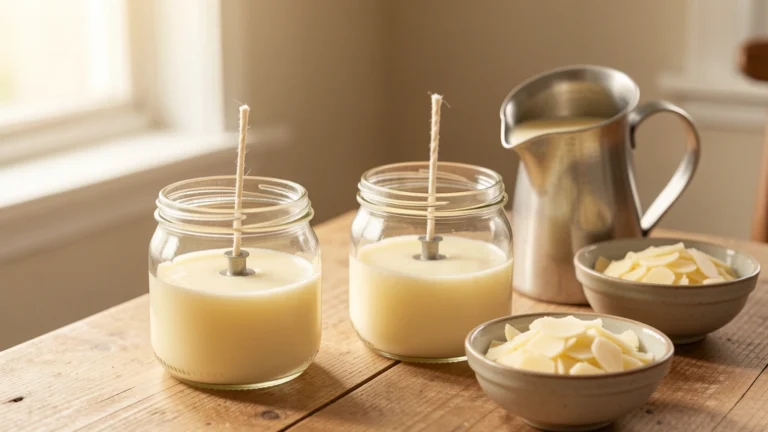 Glass jars with cotton wicks and melted wax beside a metal pouring pitcher and wax flakes