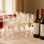 Rows of filled wine glasses and unopened bottles arranged on a table for an event, no people present