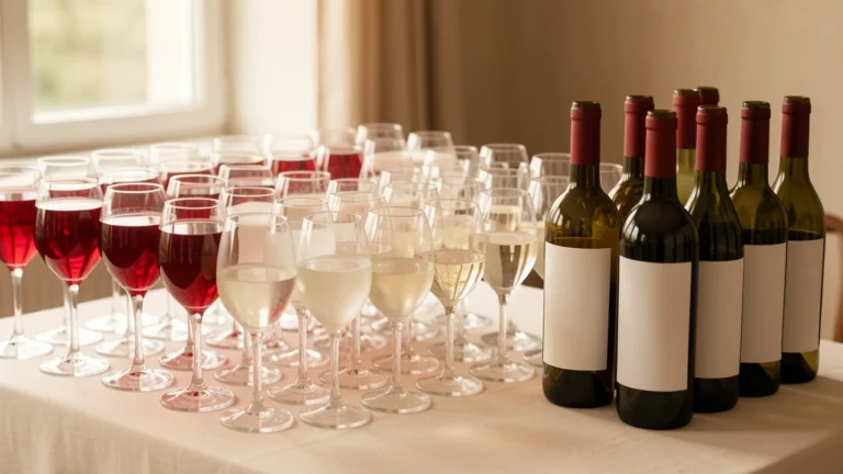 Rows of filled wine glasses and unopened bottles arranged on a table for an event, no people present