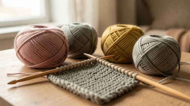 Balls of wool yarn with wooden knitting needles and a knitted swatch