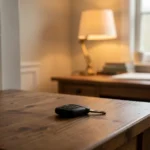 A car key resting far from a cozy desk lamp, suggesting distance not traveled, no text or numbers in the image, no real person's face