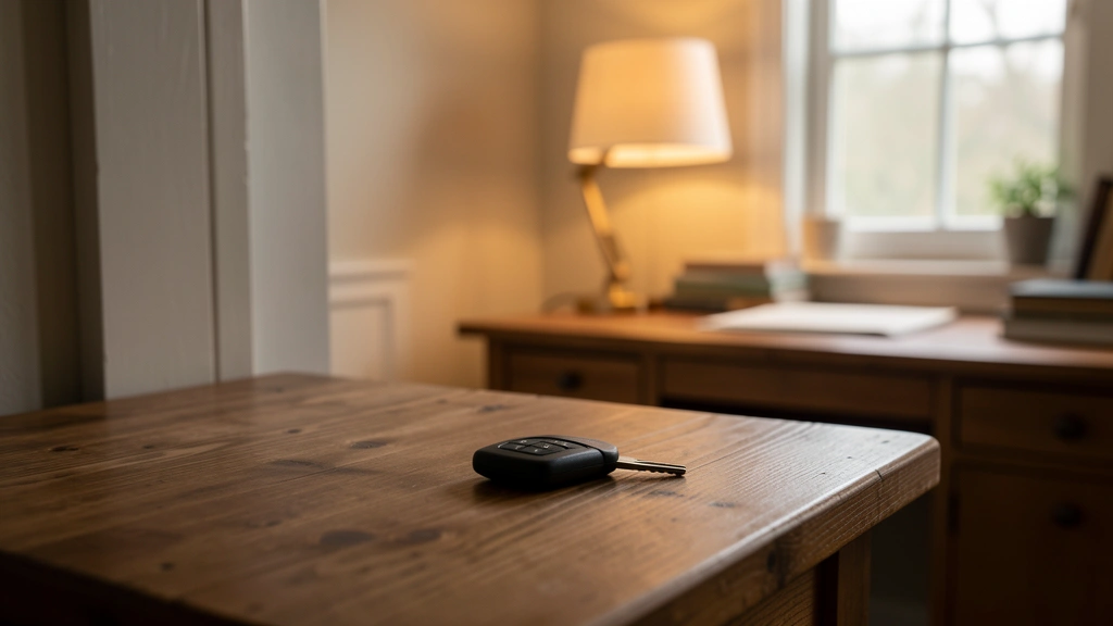 A car key resting far from a cozy desk lamp, suggesting distance not traveled, no text or numbers in the image, no real person's face