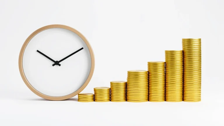 A clock beside a rising stack of gold coins, representing how often interest compounds over time