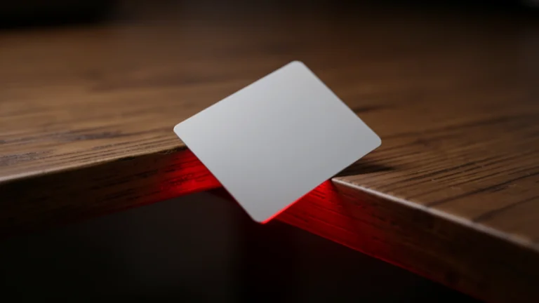 A simple bank card tipping past a red balance line on a rising-and-dipping gauge, with a small warning triangle marking the overdraft point, no text, no numbers, no people, no screens or calendars