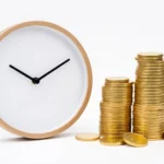 A clock reading past the 40 hour mark beside a small stack of gold coins, representing extra pay earned for overtime hours, no text in image
