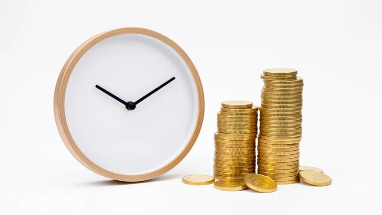 A clock reading past the 40 hour mark beside a small stack of gold coins, representing extra pay earned for overtime hours, no text in image