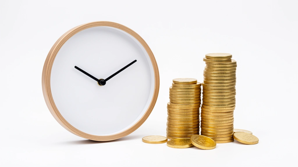 A clock reading past the 40 hour mark beside a small stack of gold coins, representing extra pay earned for overtime hours, no text in image