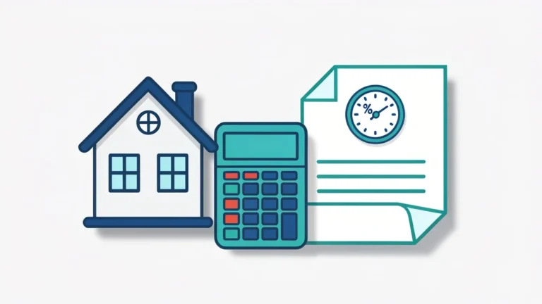 Illustration of a house beside a calculator and tax documents showing an assessed value times rate concept, no people, no text