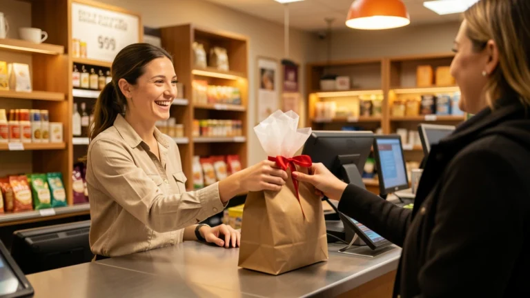 A retail sales associate handing a shopping bag to a customer at a checkout counter, a small upward-trending arrow motif suggesting rising earnings, no text, no real person's face