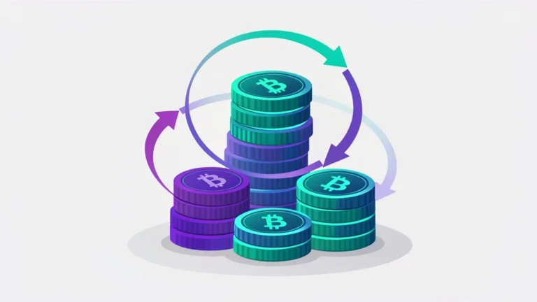 Abstract crypto coins stacked and growing upward with compounding arrows and a formula glow, no people, no text