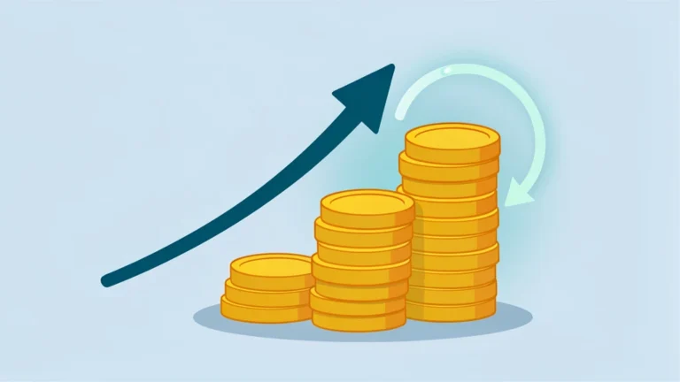 Glowing daily interest formula above a rising stack of coins beside a clean upward loan balance curve, no people, no text