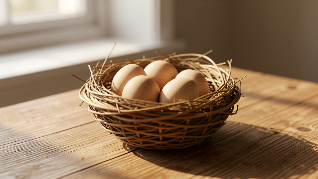 A small bird's nest with three plain wooden eggs sitting on a soft neutral surface, no text in image, no real people or hands