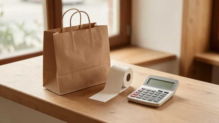 Paper shopping bag, blank receipt roll and a simple calculator on a shop counter