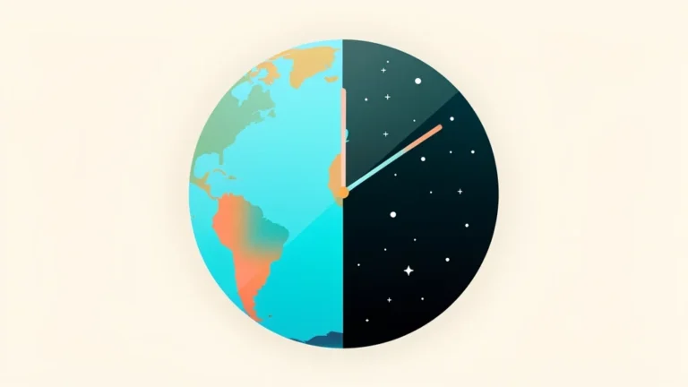 World map split into day and night with a small clock showing two mismatched time zones, clean concept, no people
