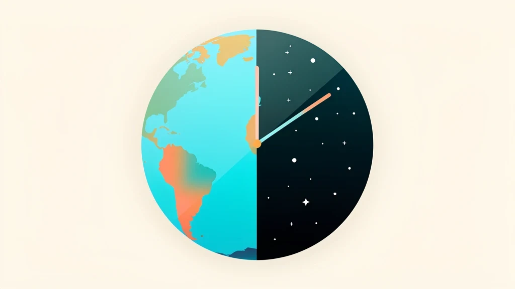 World map split into day and night with a small clock showing two mismatched time zones, clean concept, no people