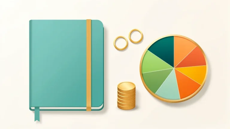 Tidy wedding budget planning scene with notebook, small calculator, and category cards, no text, no people