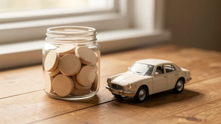 A small jar of coins sitting next to a toy-scale car, suggesting a saved fund set aside for future vehicle upkeep, no text or numbers in image, no real person's face