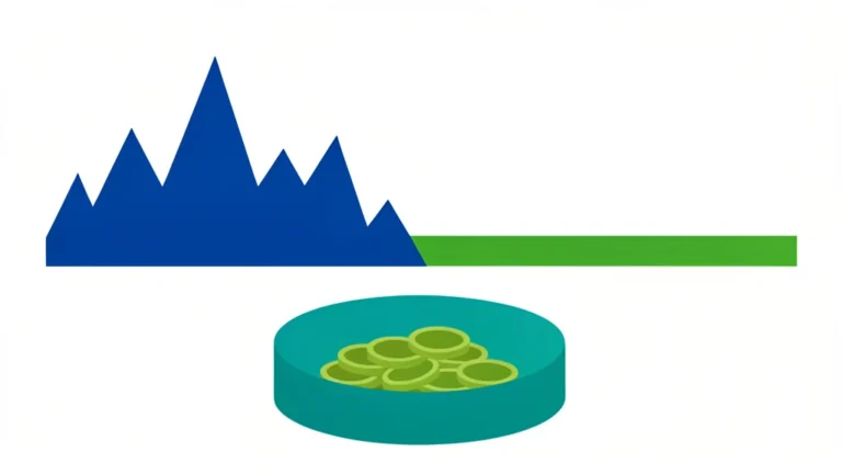 Flat-line steady salary over jagged monthly income bars with a savings buffer reservoir, clean concept, no people, no text