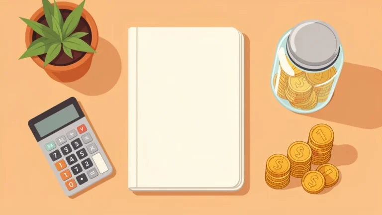 Flat illustration of a monthly budget worksheet with coins, bill icons, and a savings jar on a desk