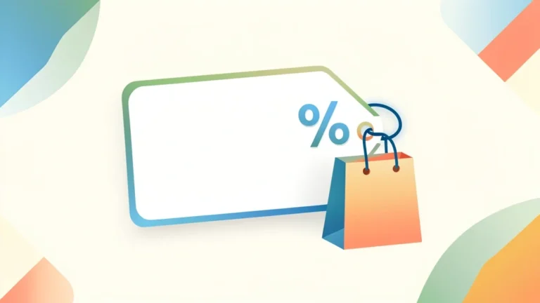 Colorful price tag with a percent symbol beside a shopping receipt showing an original price crossed out and a lower final total