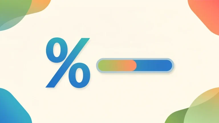 Clean flat illustration of a percent sign beside a partly shaded bar and a calculator, minimal blue and green, no text