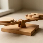 A simple wooden balance scale with four unequal stacks of blank paper cards on a plain desk, no text, no numbers, no real person's hands or face