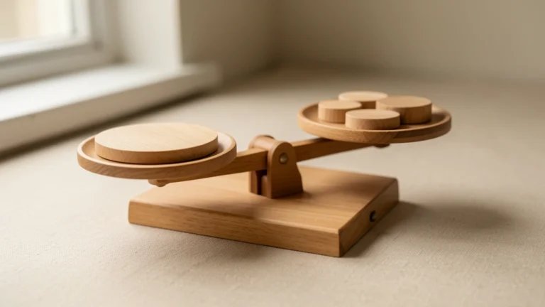 A simple wooden balance scale with four unequal stacks of blank paper cards on a plain desk, no text, no numbers, no real person's hands or face
