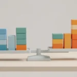 A printed decision matrix table with scored columns, a pencil, and a calculator on a wooden desk, no people present
