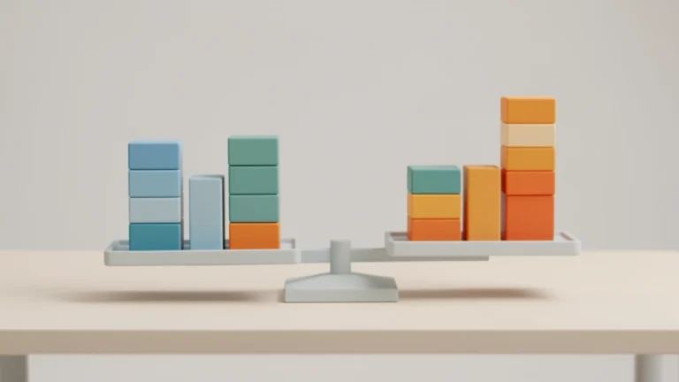 A printed decision matrix table with scored columns, a pencil, and a calculator on a wooden desk, no people present