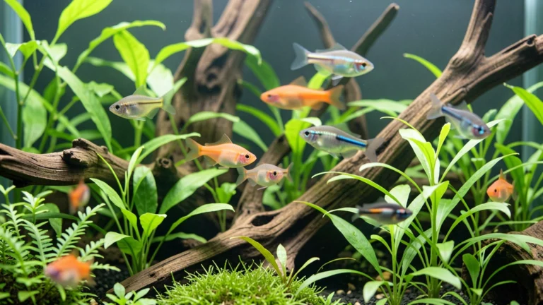 A rectangular fish tank and a cylindrical fish tank shown side by side with simple measurement arrows for length, width, height, and radius, no text, no real fish species depicted