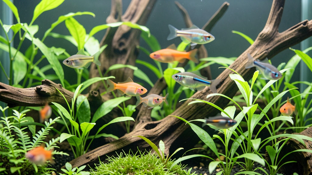 A rectangular fish tank and a cylindrical fish tank shown side by side with simple measurement arrows for length, width, height, and radius, no text, no real fish species depicted