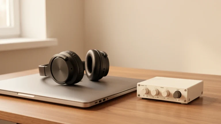 Over-ear studio headphones on a closed laptop next to a small audio interface on a desk