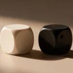 A six-sided die and a glowing lightning-bolt damage icon on a plain dark surface, no text, no numbers, no real person's hands or face