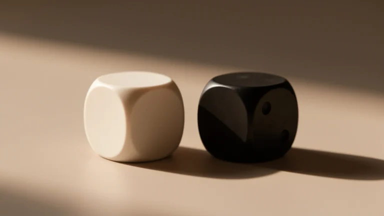 A six-sided die and a glowing lightning-bolt damage icon on a plain dark surface, no text, no numbers, no real person's hands or face
