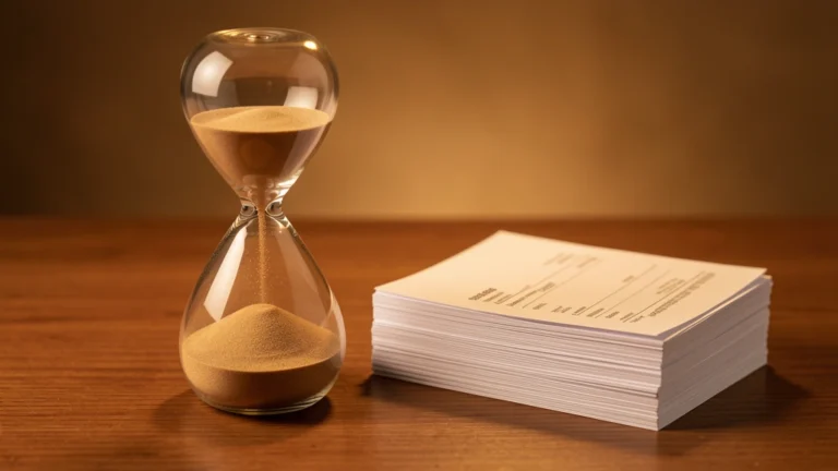 An hourglass with sand flowing beside a small stack of invoice papers, showing the waiting time between a sale and its cash collection, no text, no numbers, no real person's face