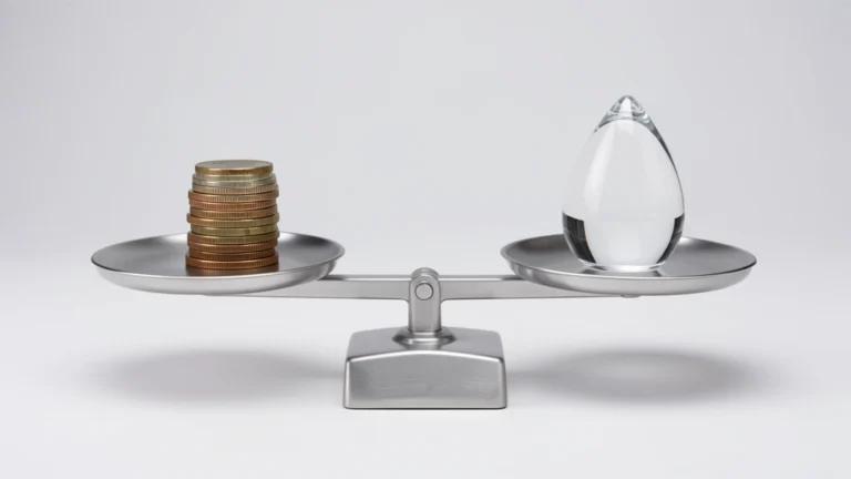 A single coin above a simple scale balancing a small cash symbol against a share icon, illustrating a percent-based yield calculation, no text, no currency close-up, no real ticker