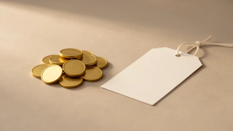 A game controller resting beside a small stack of folded paper currency and loose gold-colored coin tokens on a plain wooden surface, no text, no numbers, no real person's hands or face
