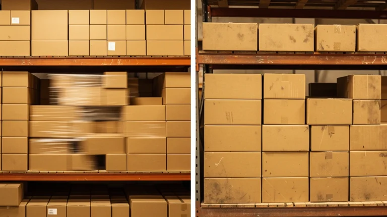 Illustrated warehouse shelving with boxes cycling through at different speeds, one row moving quickly and another sitting still, showing fast versus slow inventory turnover, no text, no people