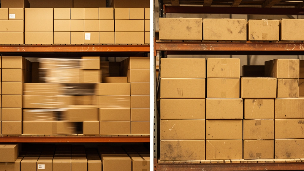 Illustrated warehouse shelving with boxes cycling through at different speeds, one row moving quickly and another sitting still, showing fast versus slow inventory turnover, no text, no people