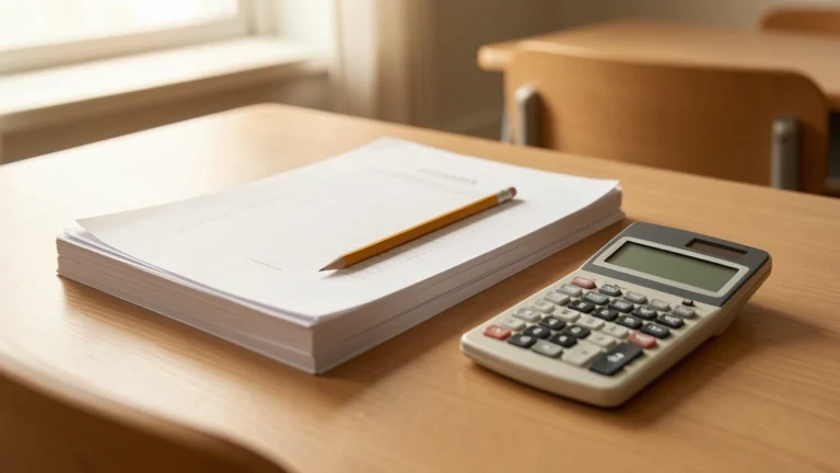 Stack of exam papers with a pencil and a calculator on a student desk