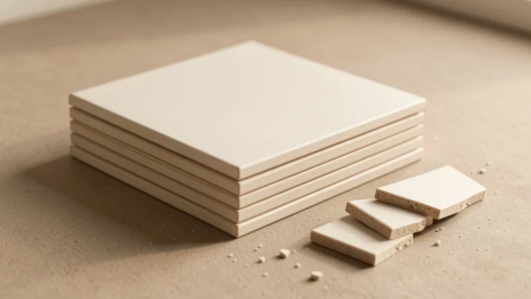 Stacked unopened cardboard boxes of floor tile beside a few loose tiles and a tape measure on a plain concrete floor, no text, no numbers, no real person's hands or face