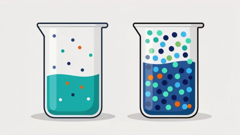 Two lab beakers, one with sparse dots and one with dense dots, showing dilute versus concentrated solution