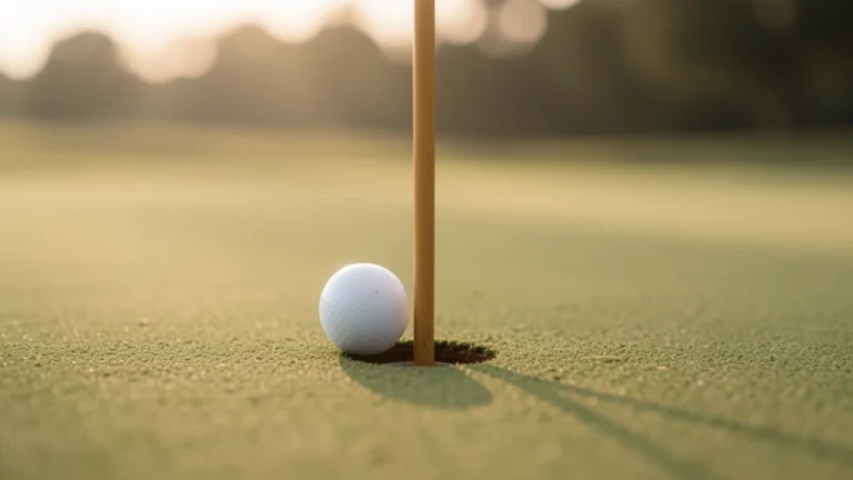 A golf scorecard and pencil resting on a green beside a flagstick, with handicap stroke dots marked on several holes, no people present
