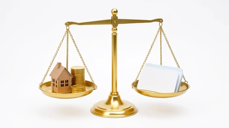 A balance scale weighing a stack of coins and a house against credit cards and loan papers, representing assets versus debts, no text in image