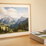 A large framed photographic print on a wall next to a stack of smaller photo prints on a table