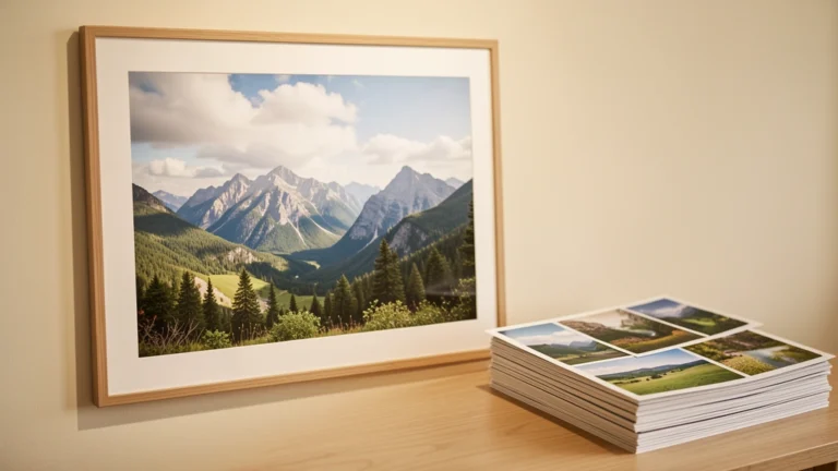 A large framed photographic print on a wall next to a stack of smaller photo prints on a table