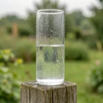 A clear cylindrical rain gauge mounted on a wooden post in a garden, partly filled with rainwater after a storm