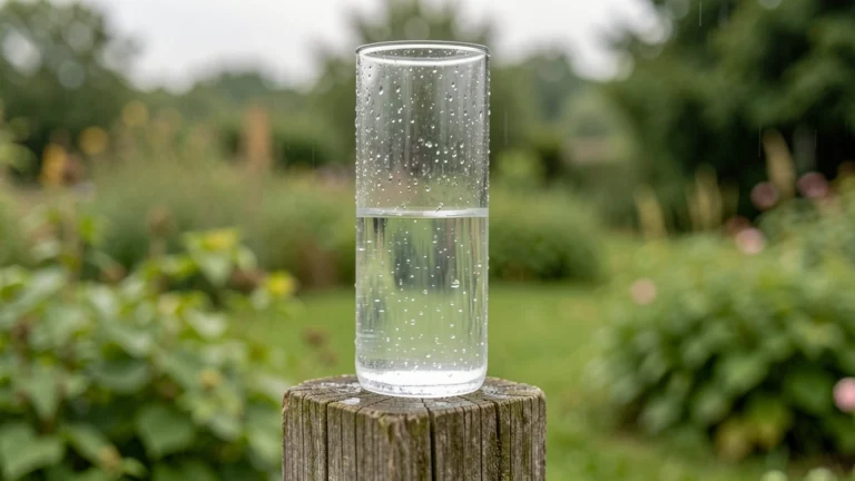 A clear cylindrical rain gauge mounted on a wooden post in a garden, partly filled with rainwater after a storm